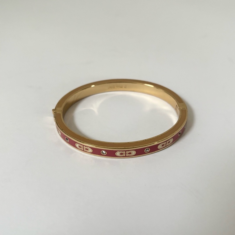 Coach Signature C Bangle Logo Statement Bracelet Enamel Hinged Pink Red Gold - Picture 5 of 9